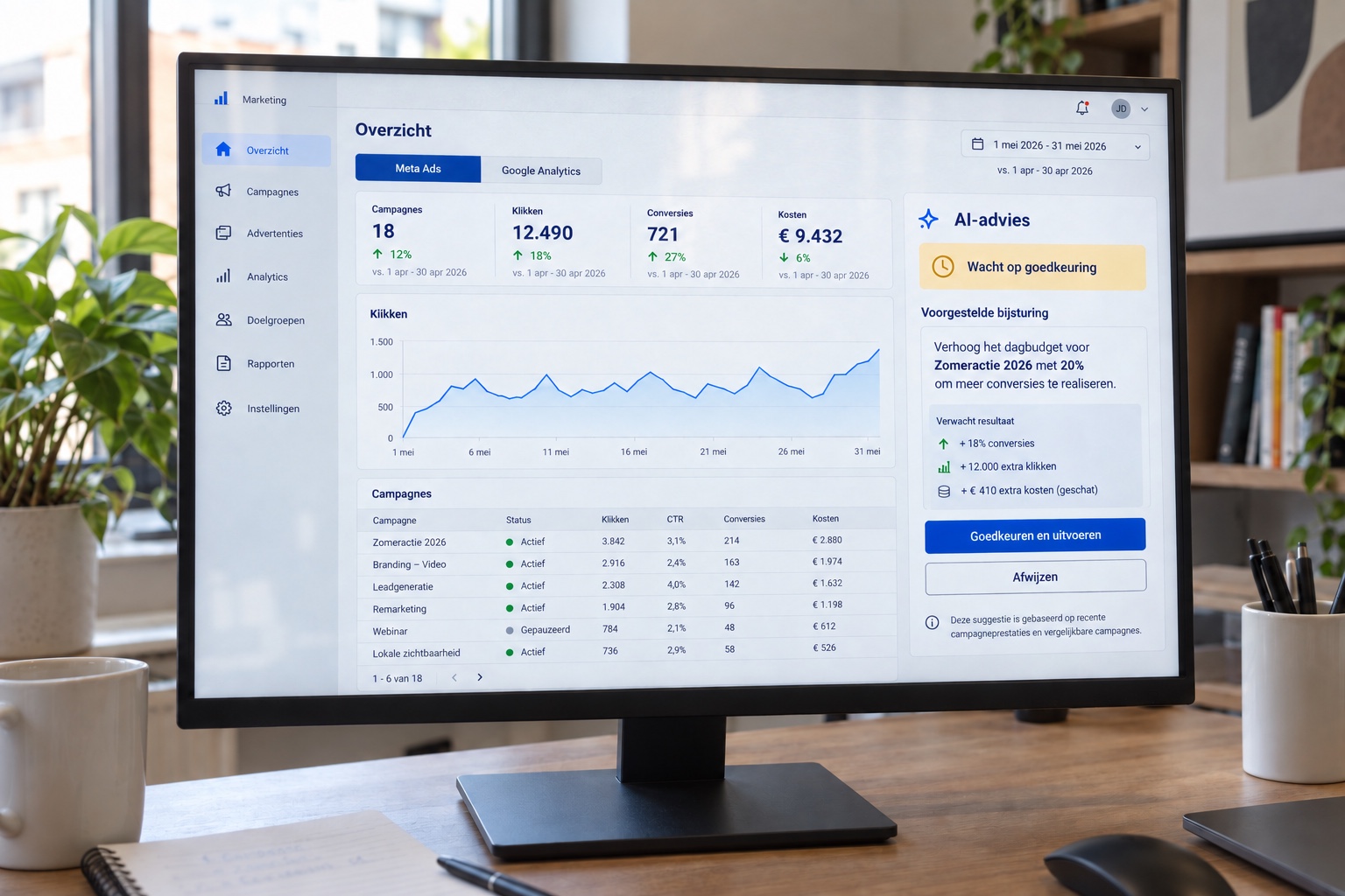 Illustratie van marketingdata naast AI-advies met een knop om een voorgestelde bijsturing goed te keuren en uit te voeren.